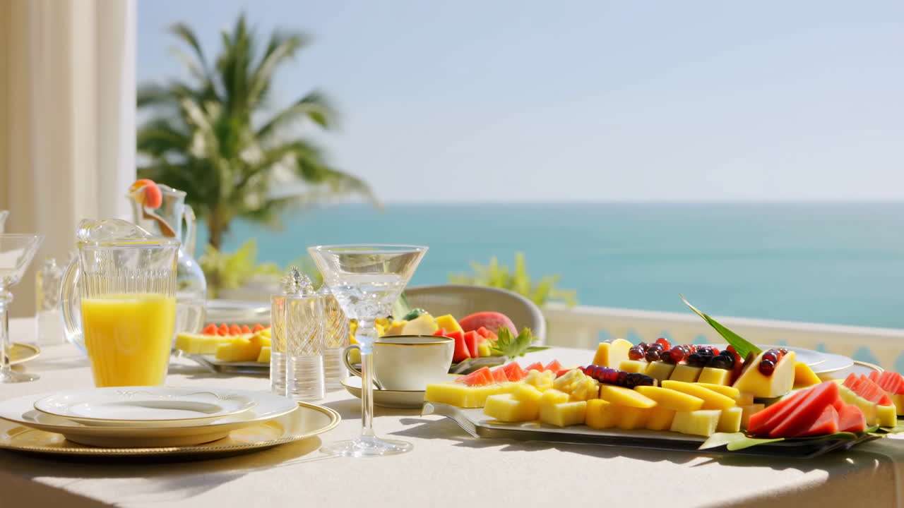 Tavolo da colazione con vista sull'oceano, con frutta fresca e un bicchiere di succo d'arancia, su un balcone incorniciato da palme che si affaccia su una costa turchese.