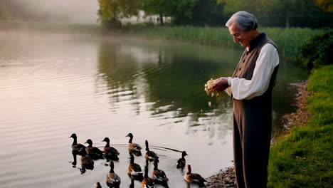 elderly man feeding ducks by a lake