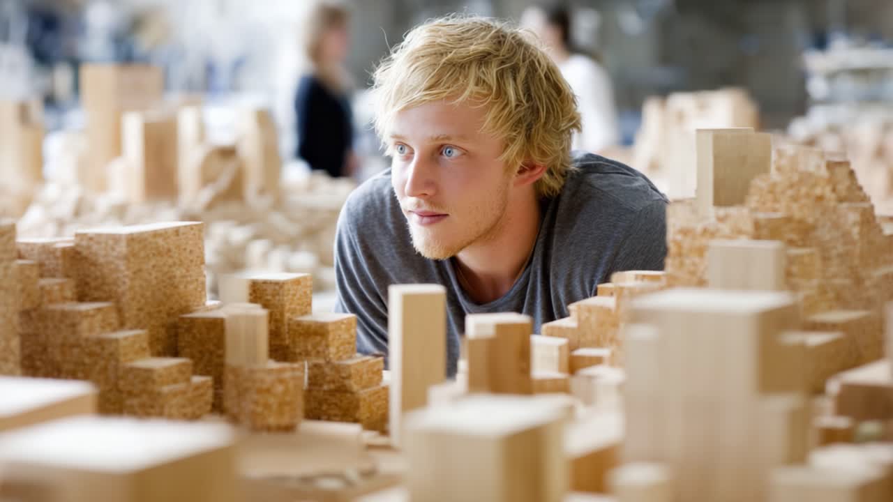 Focused on Creativity: A Young Individual Engaged in the Detailed Examination of Intricate Wooden Models in an Art Studio Environment