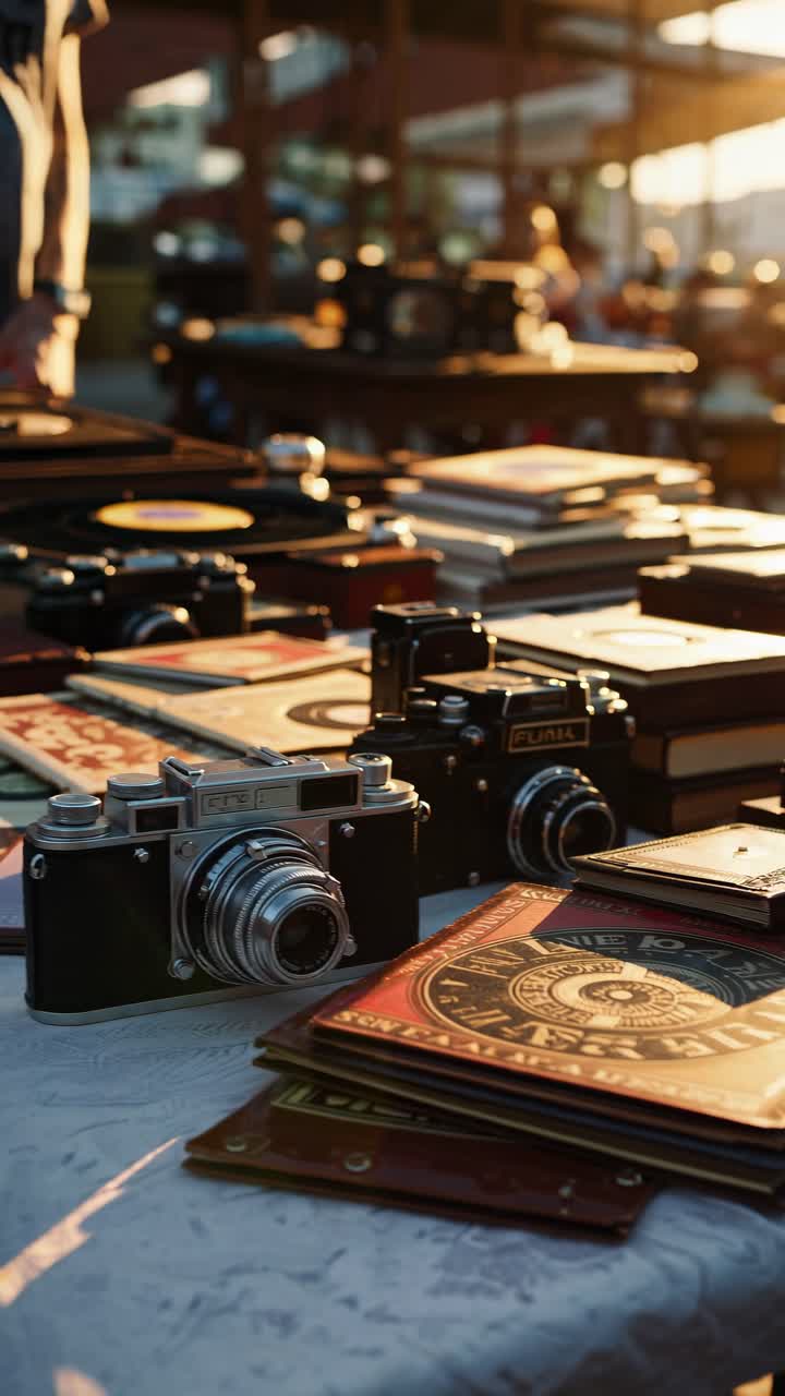 Sunlit vintage cameras and books on a table, captured from a low angle, evoke nostalgia