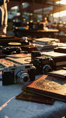 sunlit vintage cameras and books on a table, captured from a low angle, evoke nostalgia