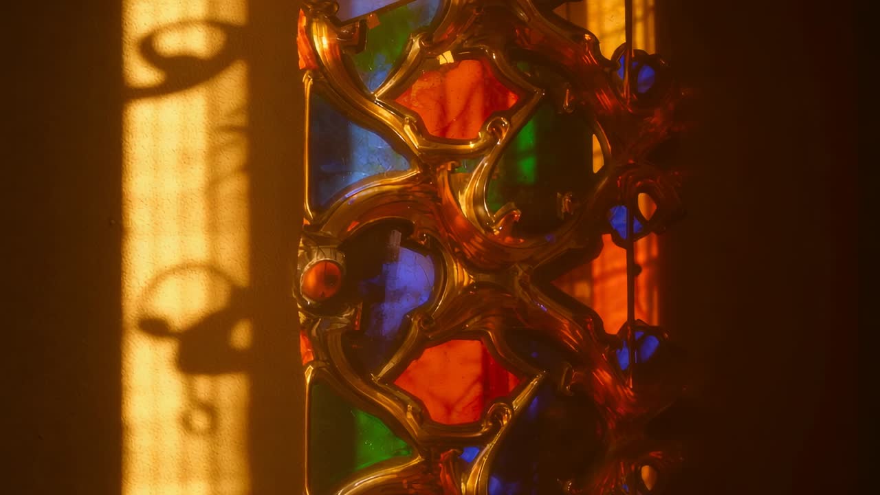 Shadows shifting across stained glass in museum, camera pushing in on filigree grille copy space