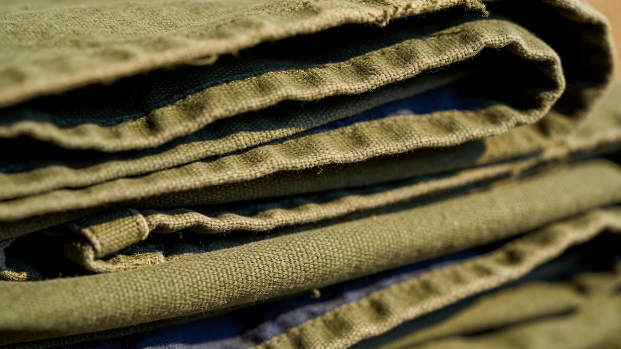 Shifting camera focus and light showing folded olive canvas on shelf, exposing seams, blue lining