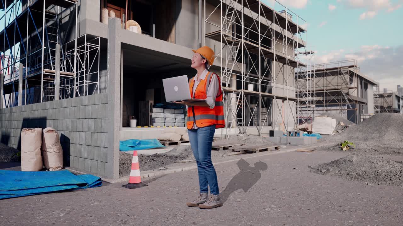 Full Body Side View Of Asian Female Engineer With Safety Helmet Working On A Laptop And Looking Around While Standing At Construction Site in Progress to New House