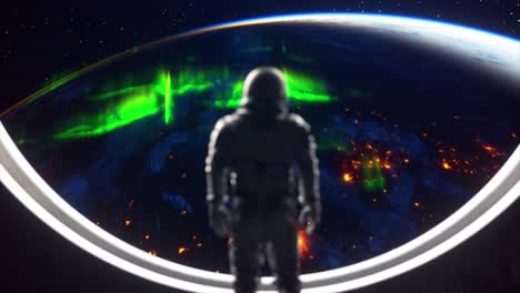 astronauta mirando la tierra con las auroras boreales