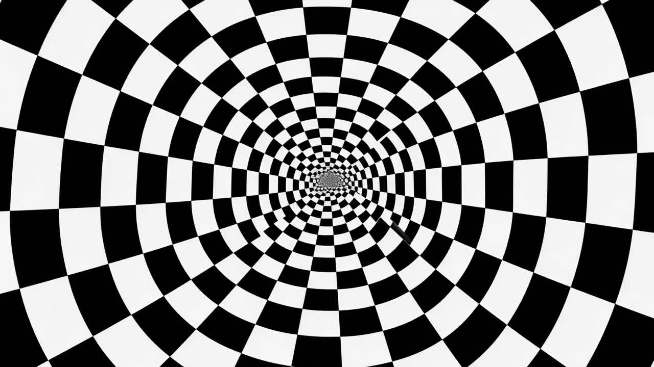 A mesmerizing black and white checkered tunnel creates an optical illusion