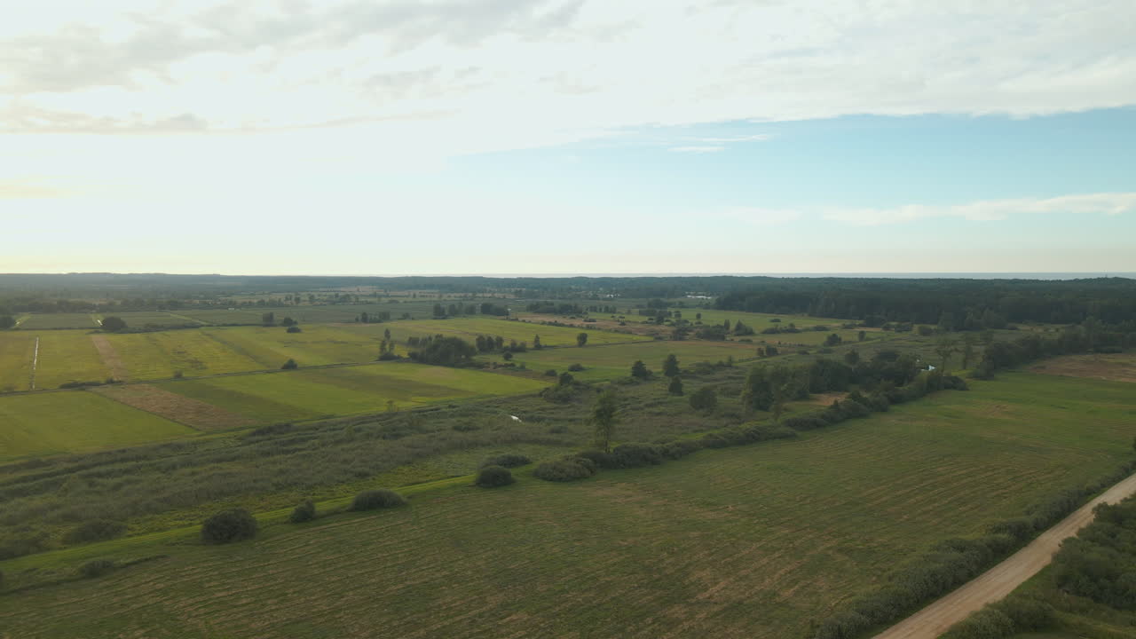 vuele hacia las pintorescas tierras de cultivo de vegetación plana en el campo en debki, polonia bajo un cielo azul