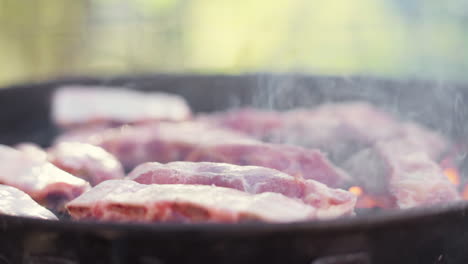 Zeitlupe-Beim-Einschieben-Von-Fleisch,-Das-Auf-Einem-Feurigen-Und-Rauchigen-Grill-Gegrillt-Wird