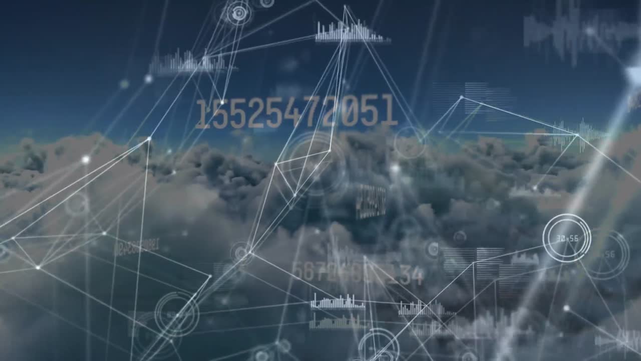 연결 네트워크의 애니메이션과 구름이 가득한 하늘에서의 데이터 처리