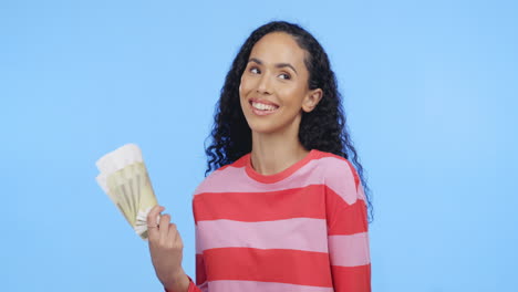 Happy-black-woman,-mockup-and-money-fan-with-euros