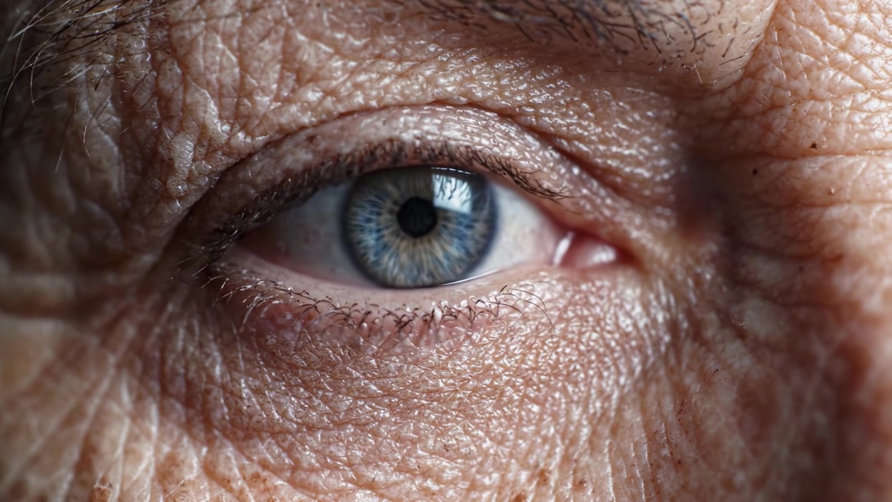 Primo Piano di un Occhio che Mostra Motivi e Texture Intricate, Evidenziando Caratteristiche Uniche Come il Colore dell'Iride, le Rughe della Pelle e Ricchi Dettagli nell'Anatomia Umana