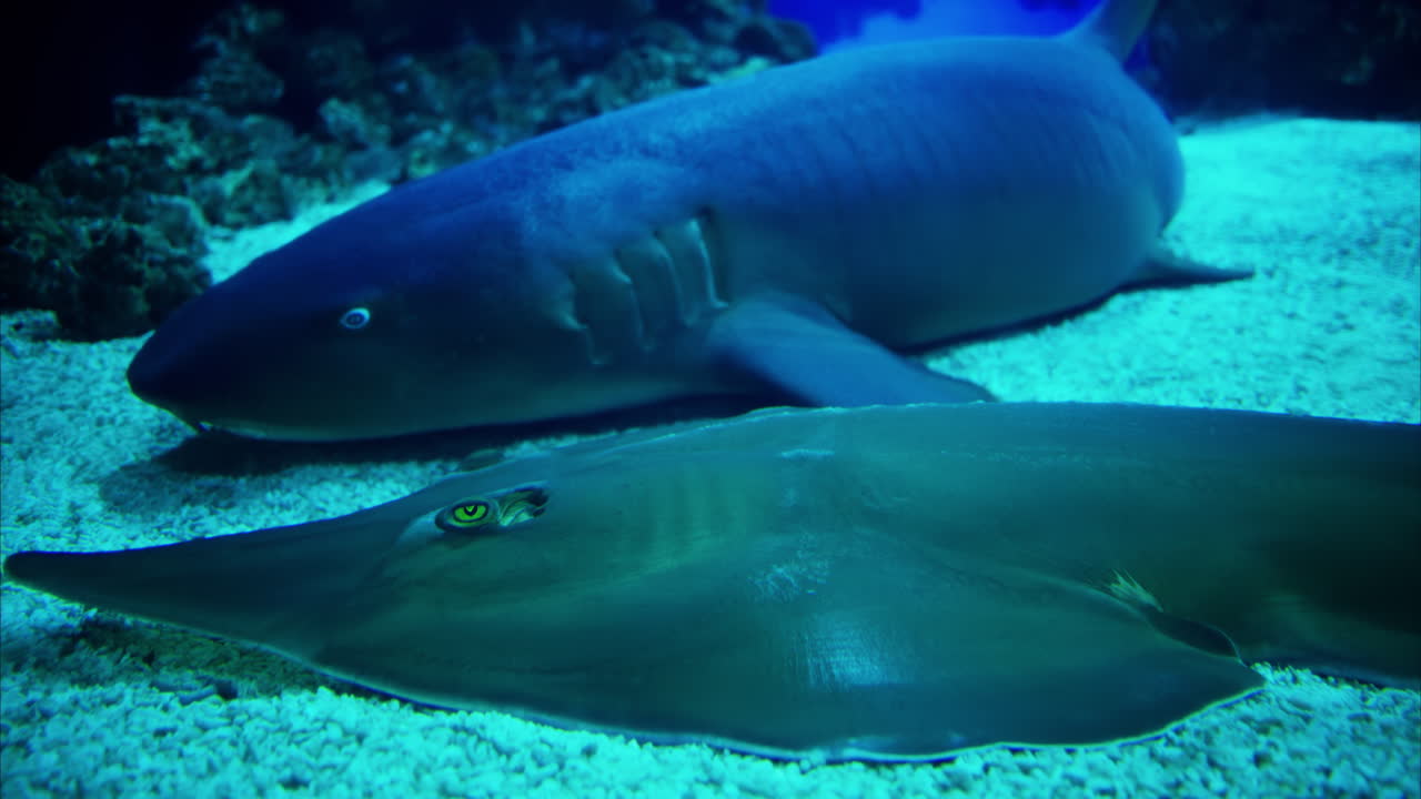 Close up of Rhinobatos fish and a Nurse shark in the water