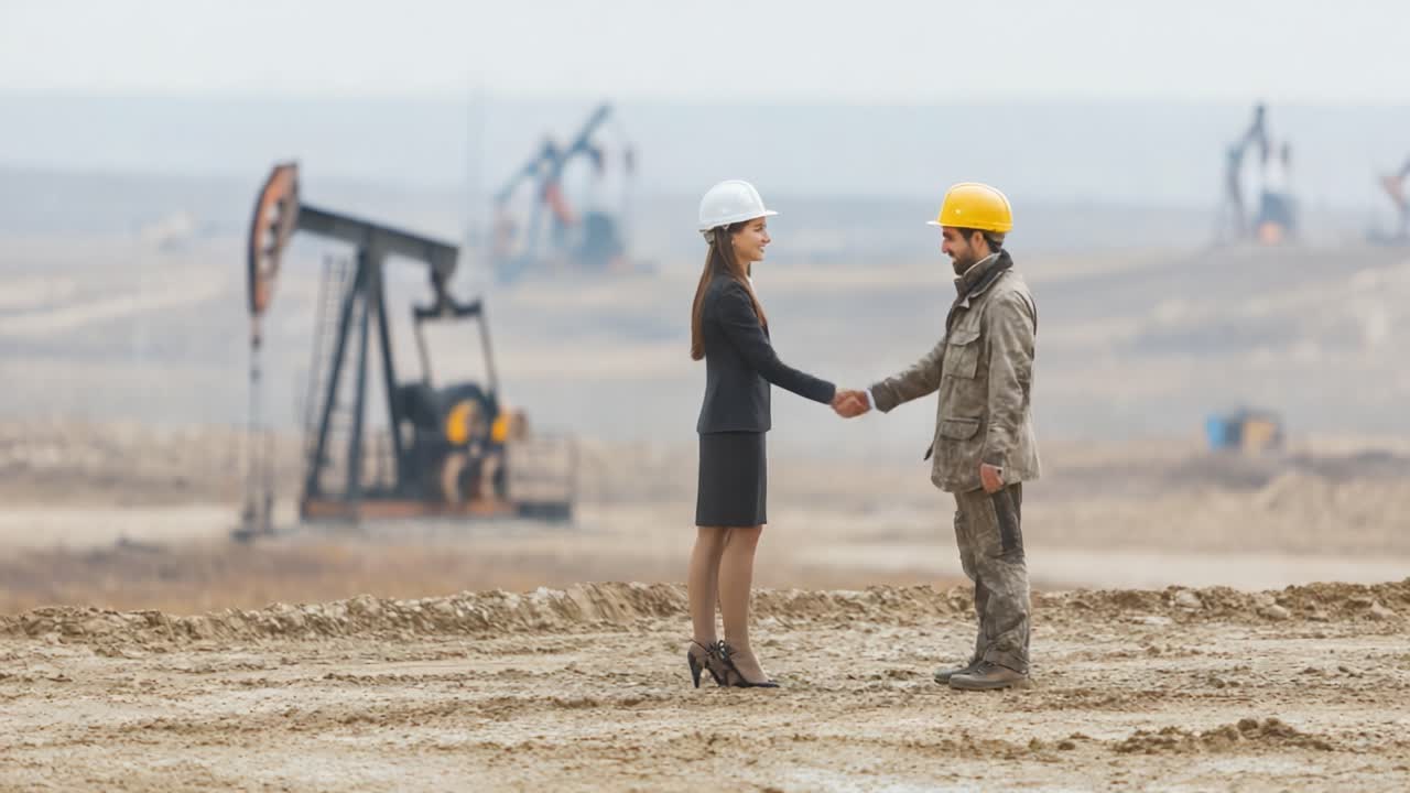 Business Partnership Established on an Oil Field: A Professional Meeting Between Two Industry Leaders in Safety Helmets Amidst Oil Extraction Equipment