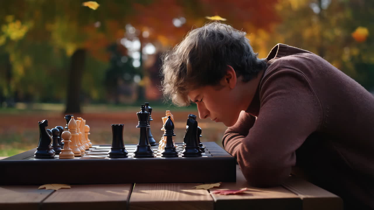Boy Playing Chess Outdoors in Autumn
