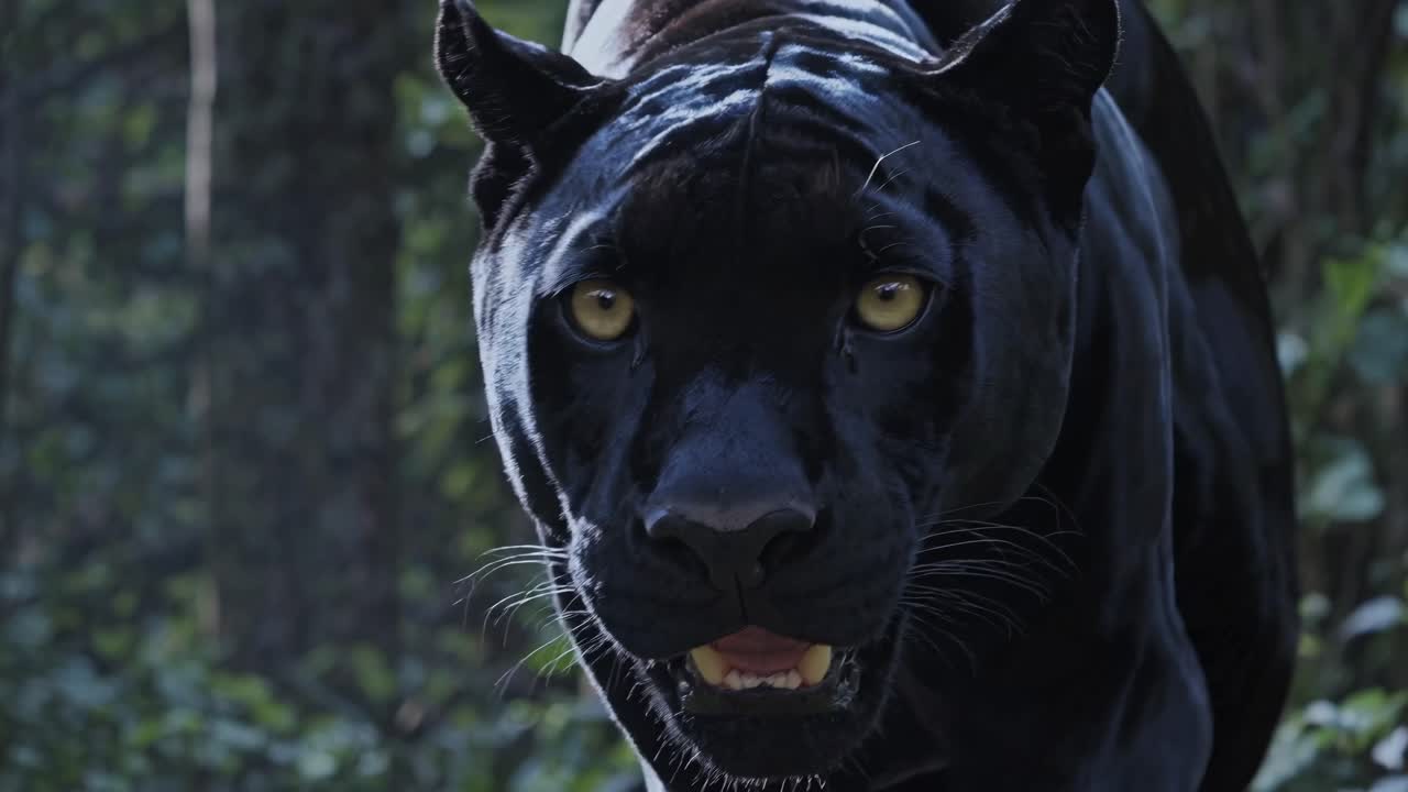 A low-angle video shot of a black panther stealthily moving through dense foliage