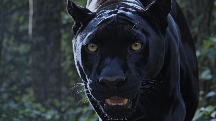 A low-angle video shot of a black panther stealthily moving through dense foliage