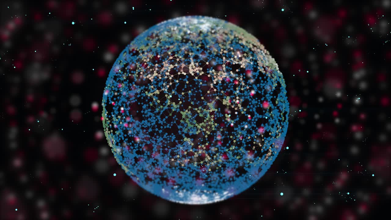 어두운 배경에서 회전하는 추상적인 파란색과 노란색 네온 격자 구의 루프 가능한 애니메이션으로 보케 입자가 색을 바니다.