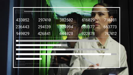 Analyzing data, scientists in laboratory using digital numbers and graphs animation