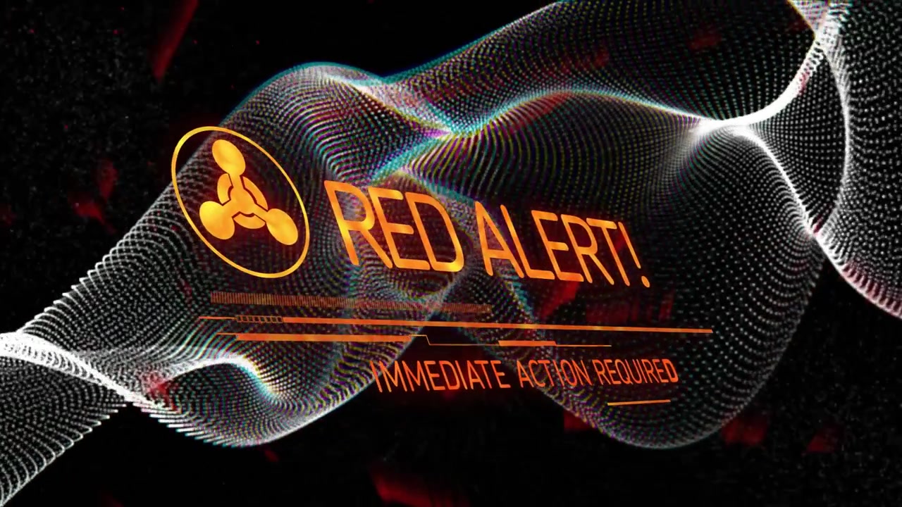 Dotted wave undulating while orange icon rotating, pulsing and revealing RED ALERT! ACTION REQUIRED