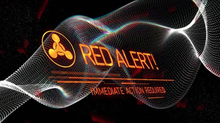 Dotted wave undulating while orange icon rotating, pulsing and revealing RED ALERT! ACTION REQUIRED