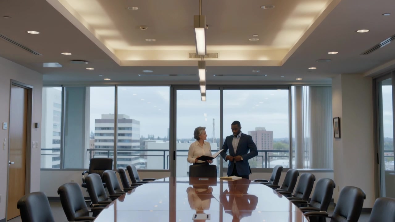 Opening folder, two colleagues in suits reviewing papers in conference room preparing for meeting