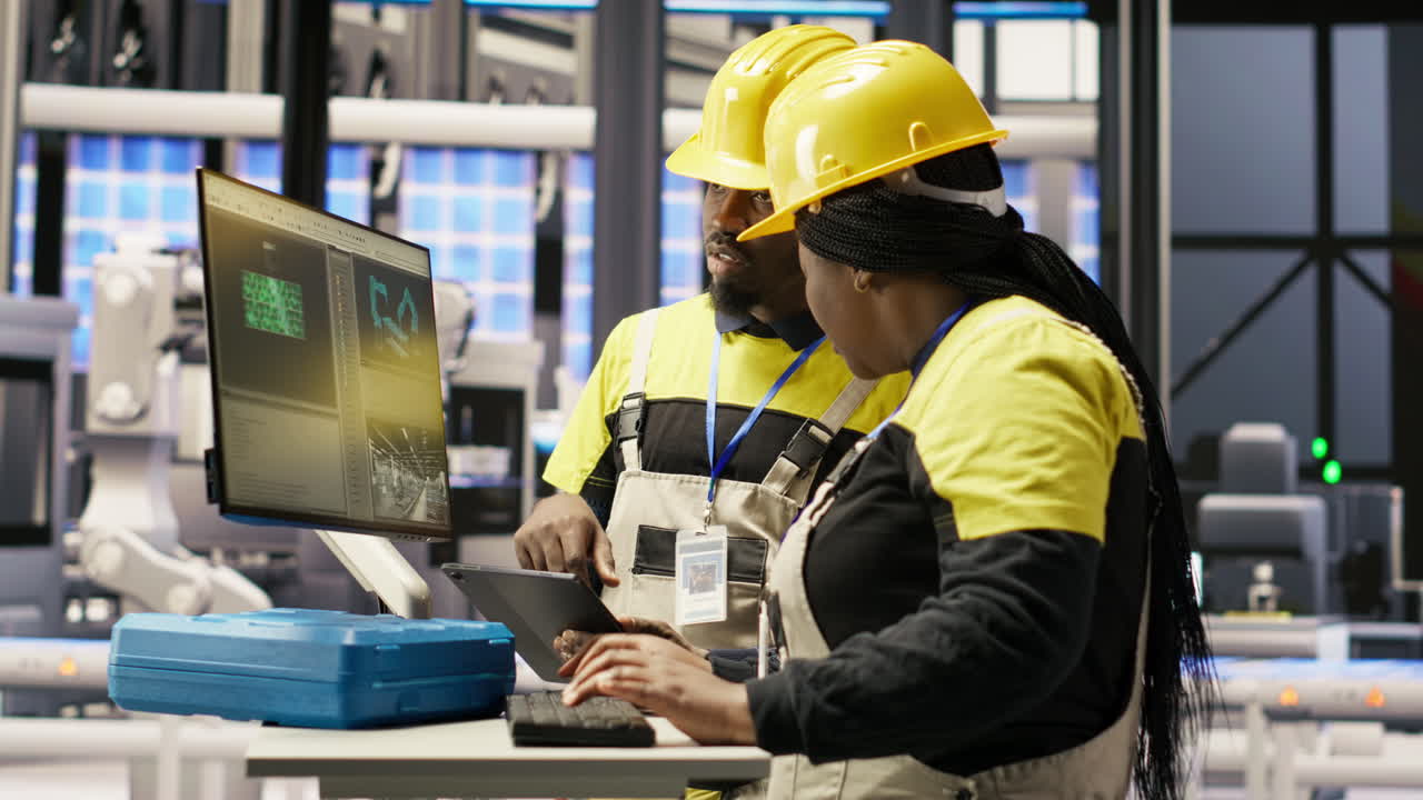 Vertical video Engineering team using PC in smart factory to oversee robotic assembly lines
