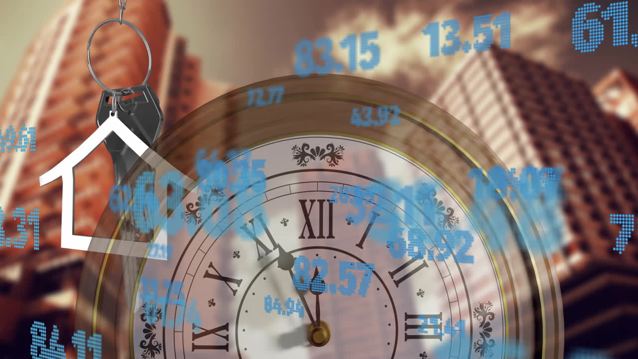 анимация фондового рынка и ключей и дома с часами над городским пейзажем