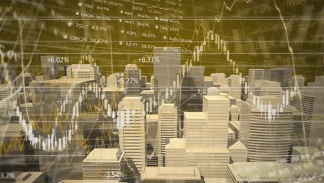 animation of financial data processing over cityscape