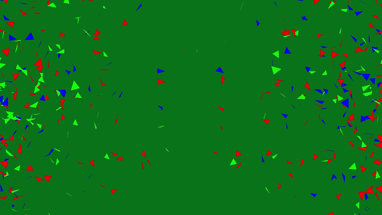 Coriandoli rossi, verdi e blu che esplodono su green screen.