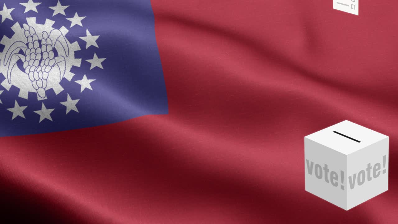 Ballots fly to box for Myanmar Burma selection - Ballot box in front of flag - Election - Vote - Flag Of Myanmar Burma - Myanmar Burma Flag High Detail - National flag Myanmar Burma wave Pattern loopable Elements - Fabric texture and endless loop