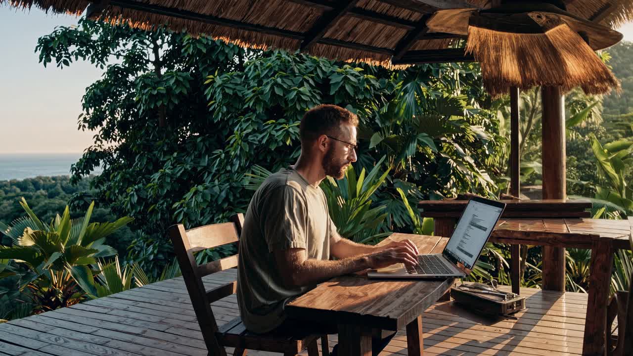 Side angle video of a man working on a laptop in a tropical outdoor setting, surrounded by lush