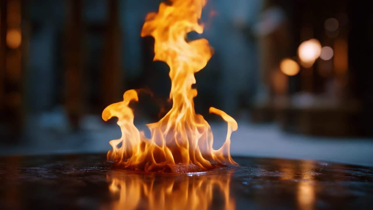 Captivating Dance of Flames: A Vivid Display of Fire's Intensity and Beauty in a Captured Moment Set Against a Mysterious Backdrop of Warm Light