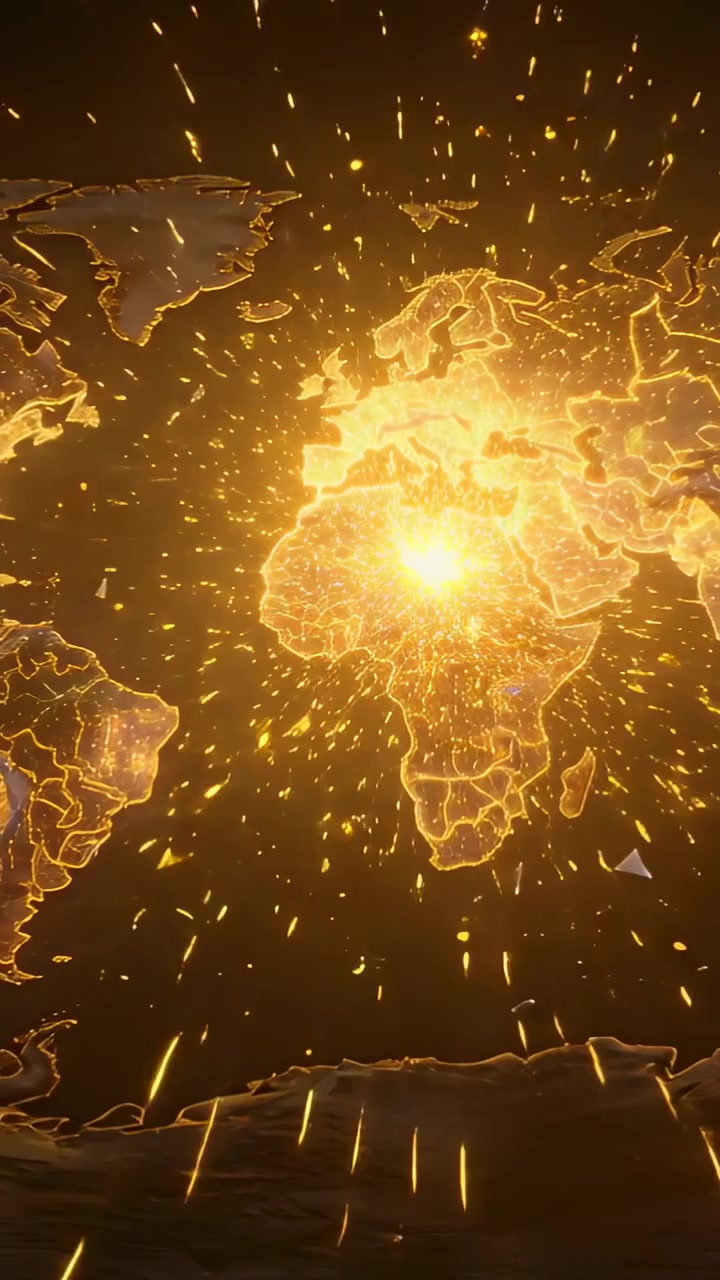Video vertical: Destello de núcleo parpadeante proyectando un mapa sobre África y Europa, enviando chispas de datos en el espacio