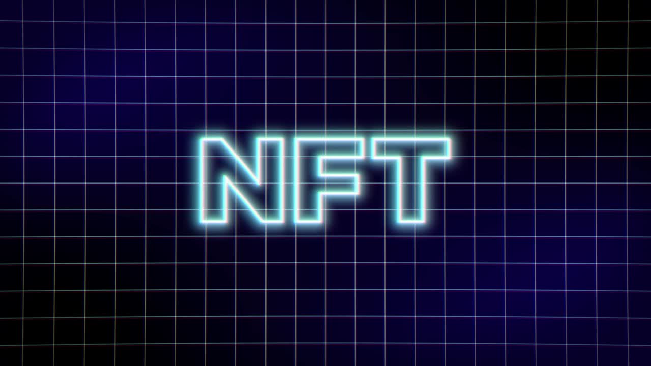 Neon NFT Inscription on Grid Background. NFT Metaverse Concept. 4K