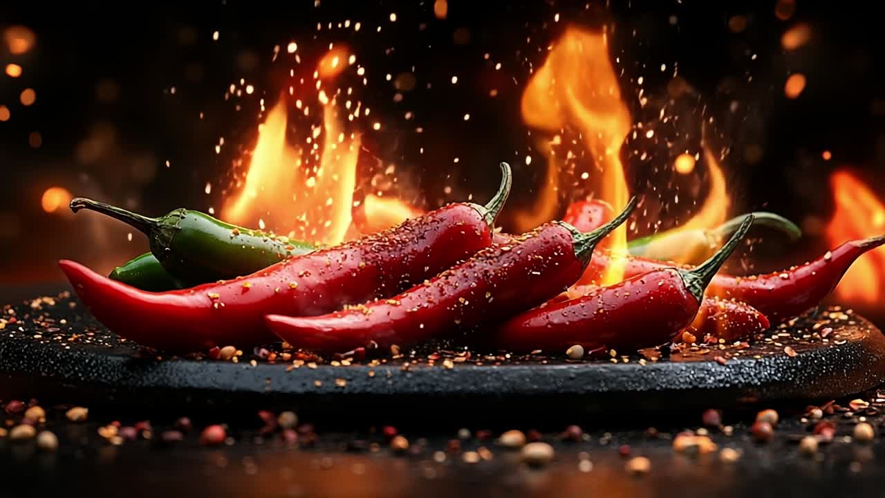 Spicy peppers ignite flames on a grill. Red and green peppers sizzle on a hot surface, flames dancing around them as spices scatter in the air.