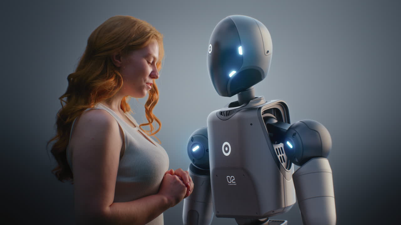 HumanMachine Collaboration Concept Visualization of Young Woman Looking Tenderly at Humanoid Robot