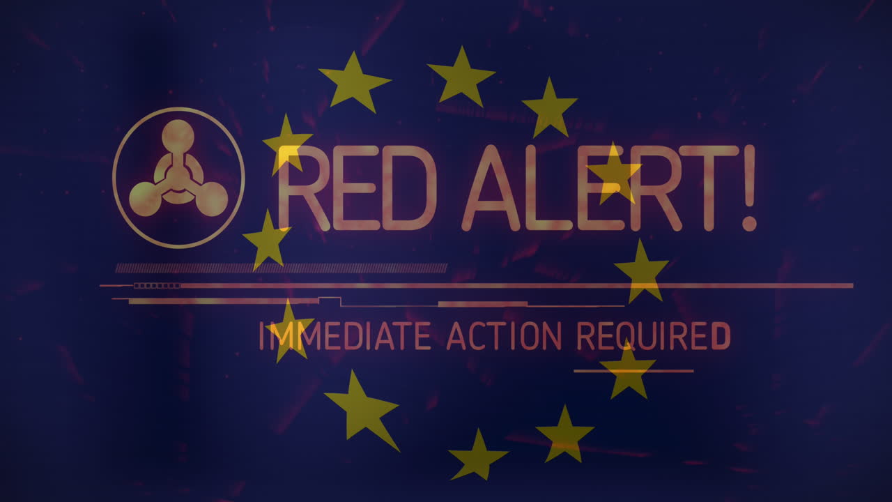 animación del texto de alerta roja sobre la bandera de la ue