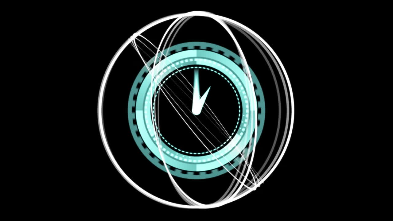 Animation of white globe spinning and clock moving fast on black background