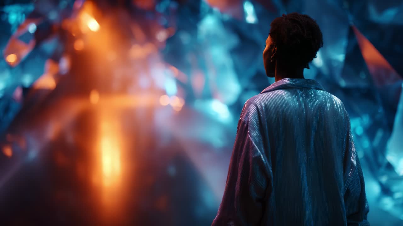 Immersive Journey Through a Colorful Crystal Cave: A Backlit Figure Explores a Vibrant, Ethereal Environment Full of Reflected Light and Surreal Beauty, Captivating the Essence of Wonder and Discovery