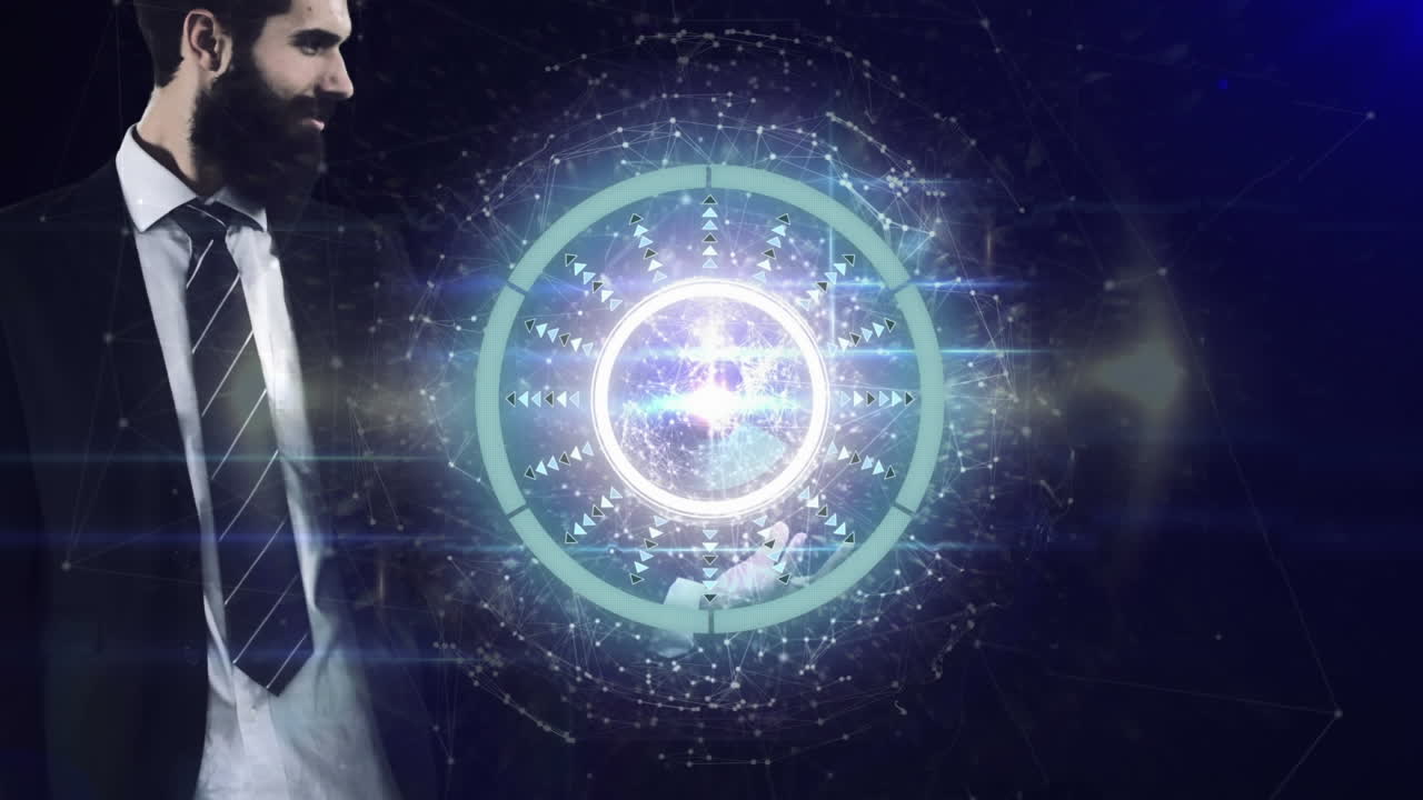 Businessman holding round scanner with data processing against blue background