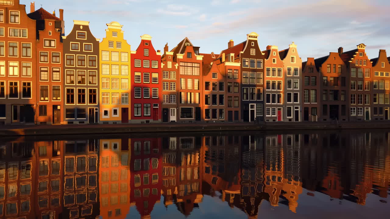 Casas coloridas de los canales de Ámsterdam reflejadas en aguas tranquilas a la hora dorada