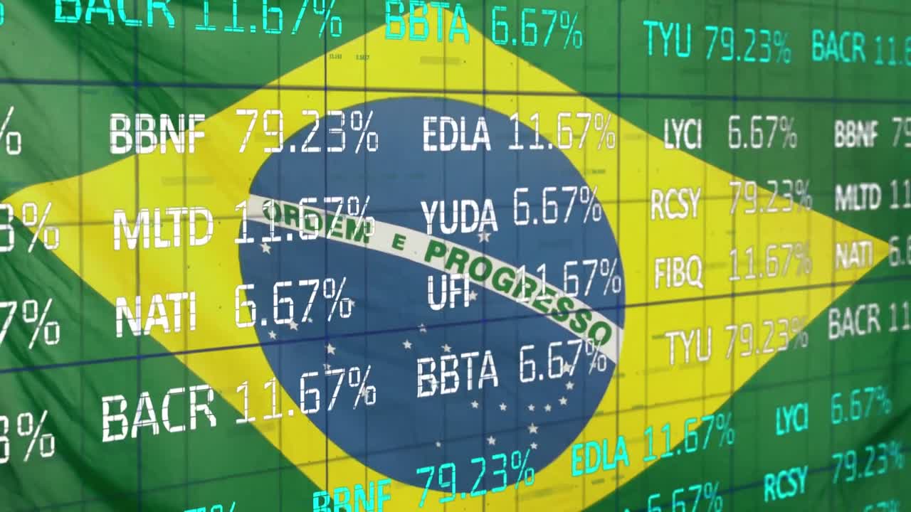 animación del procesamiento de datos del mercado de valores contra la bandera brasileña ondeando