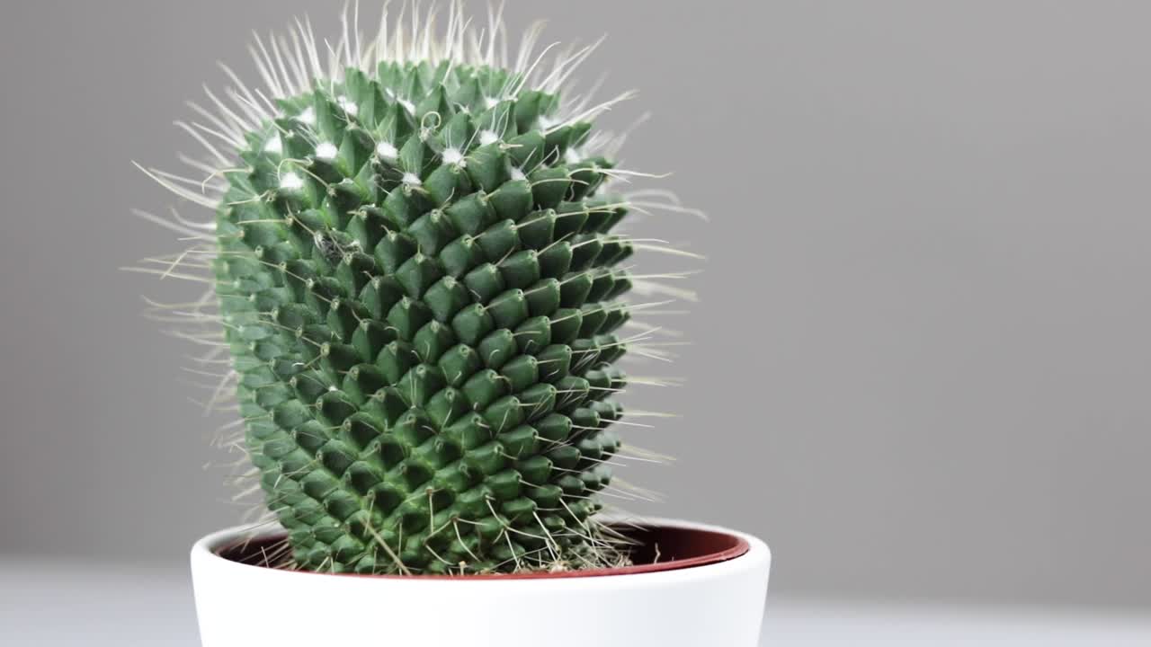 A large fat cactus in a white plant pot, on a white background