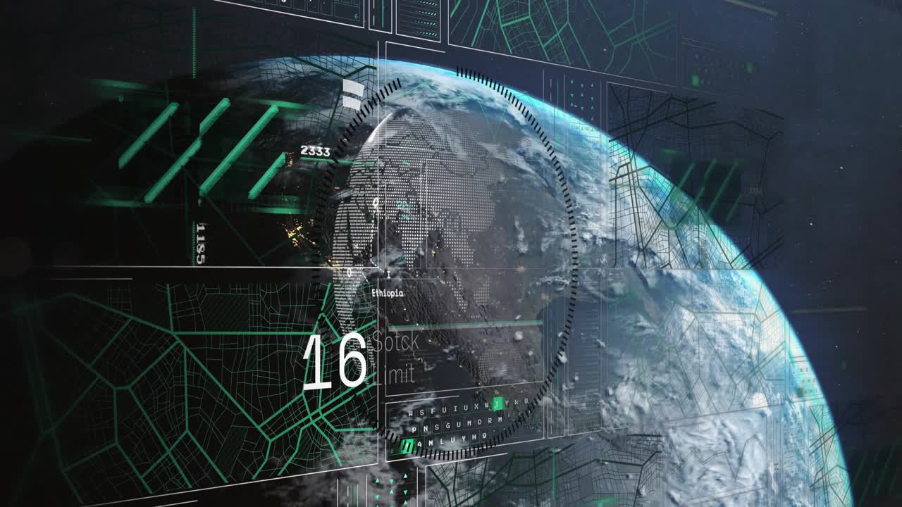 Sunlike flare causing globe rotating, HUD maps fading, ring animating, visualizing global data