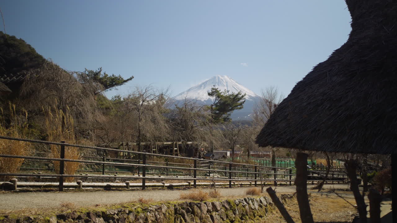Young man walking down a path with Mount Fuji in the distance, Saiko, Japan