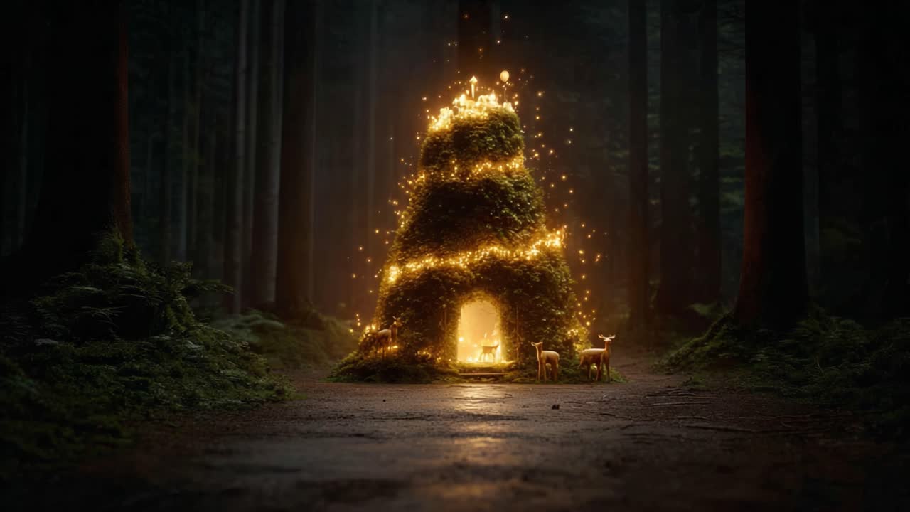 A Glimmering Moss-Covered Structure Illuminates the Enchanted Forest as Curious Deer Gather Around in Awe of the Magical Scene before Them