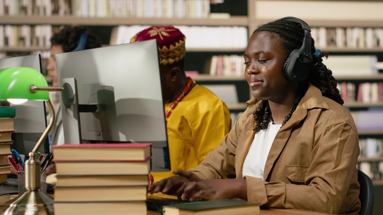 Black student wearing headphones reading open book at desktop computer