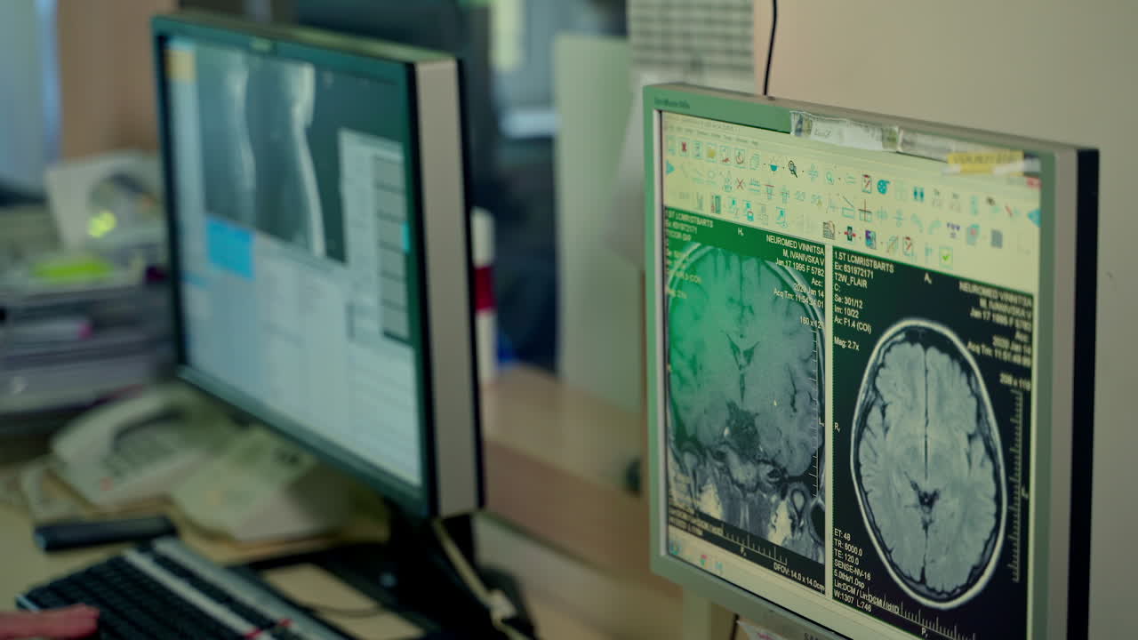 Monitors in medical office. System control room full of working displays