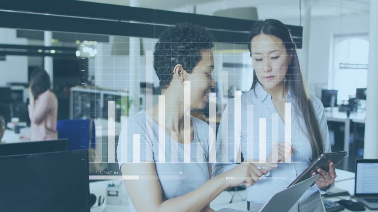 Animation of financial data processing over diverse business people in office