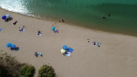 Kalogria-sandy-Beach-Aerial-View-of-sandy-paralia-Kalogria-close-to-Nikiti-and-Elia-Nikitis-in-Halkidiki,-Greece